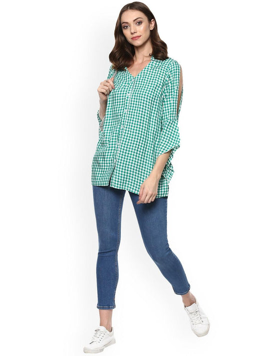Qurvii Green Gingham Top With Ruffle Sleeves - Qurvii India