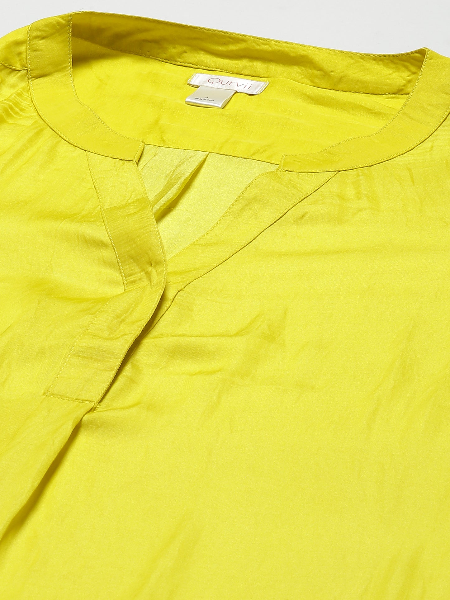 Solid Light Neon Lemon Yellow Relaxed Fit Mandarin Collar Full Cuff Sleeve Silk Top