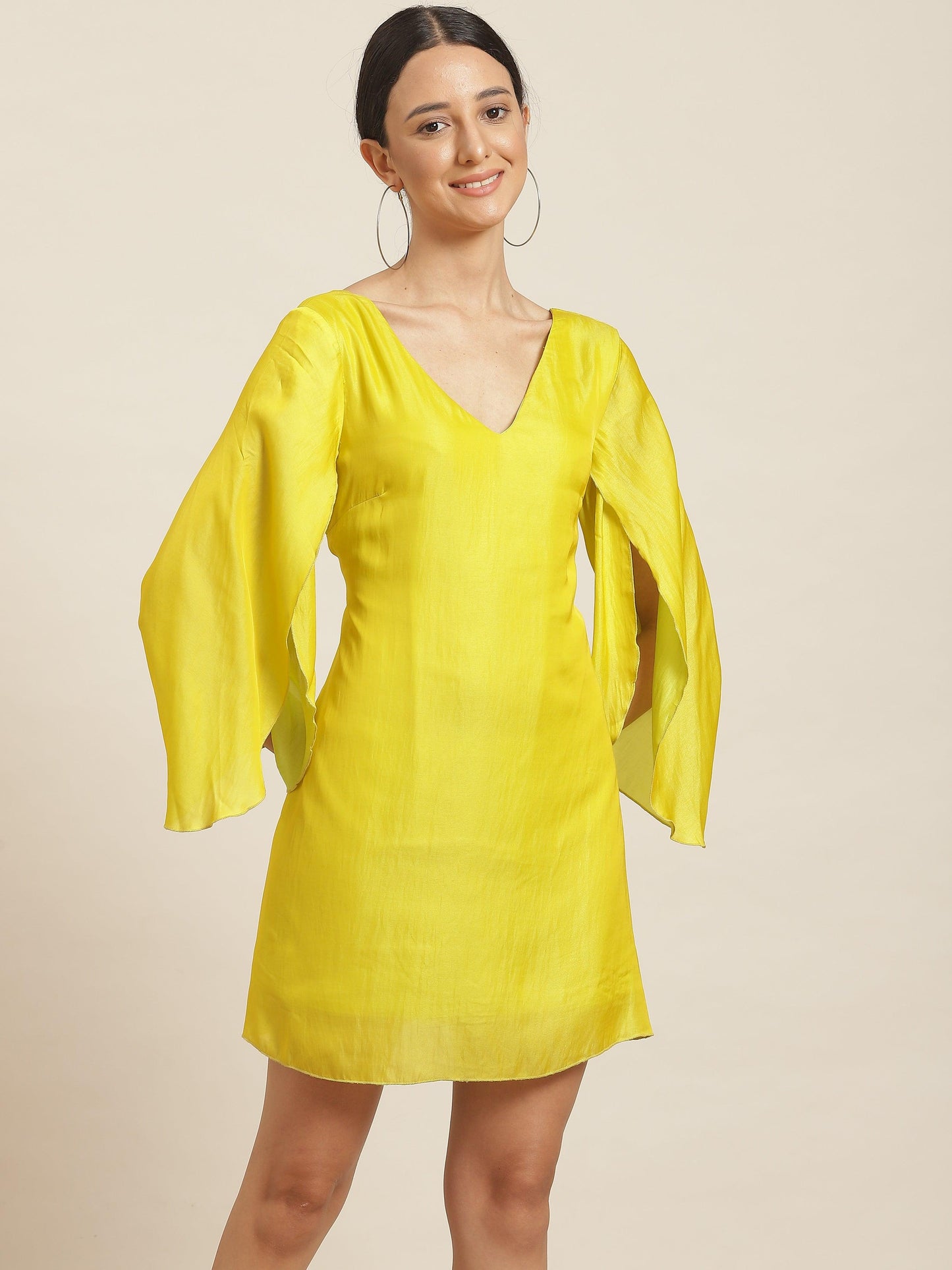 Qurvii Lime Green Silky A Line Dress - Qurvii India