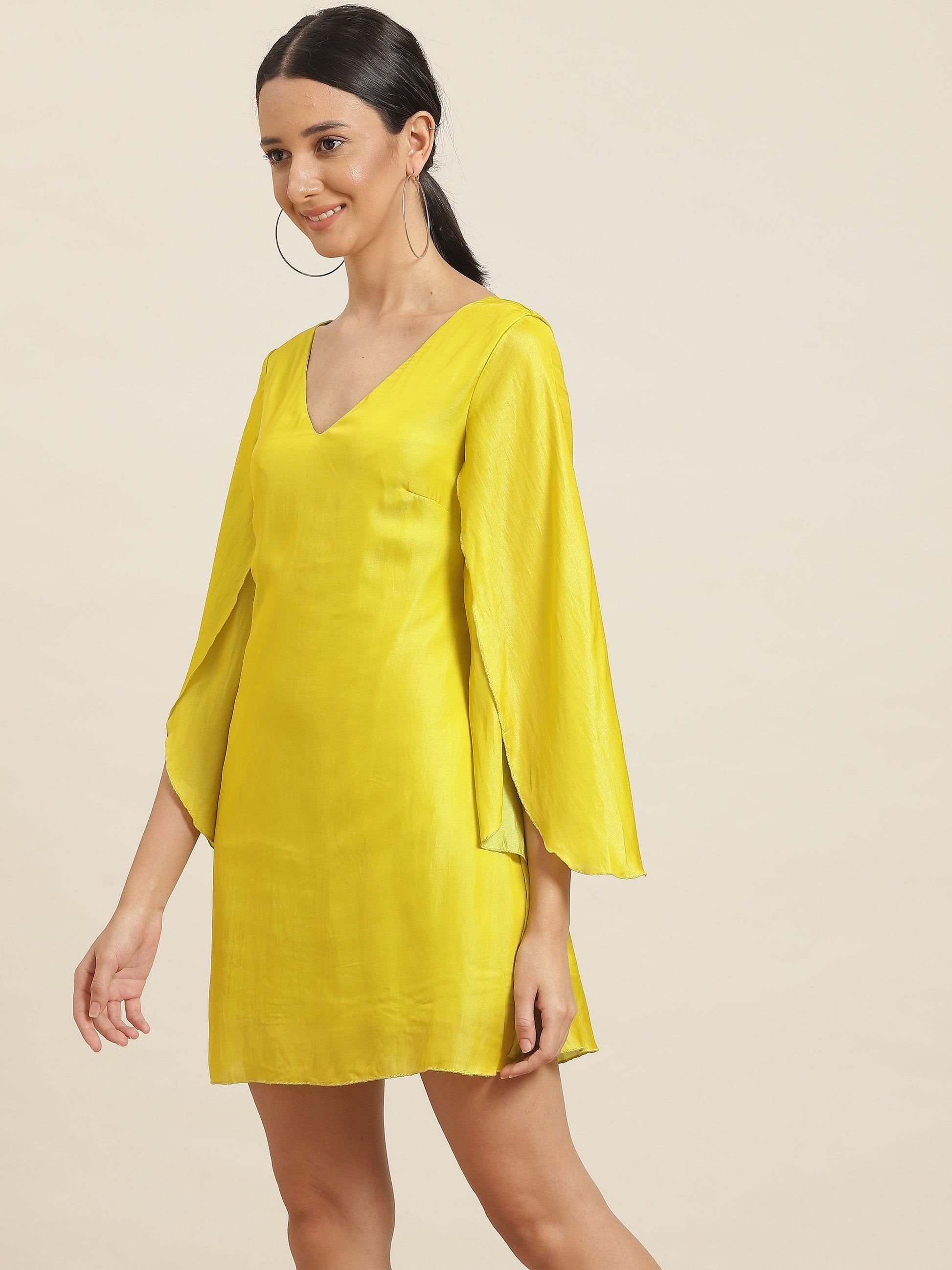 Qurvii Lime Green Silky A Line Dress - Qurvii India