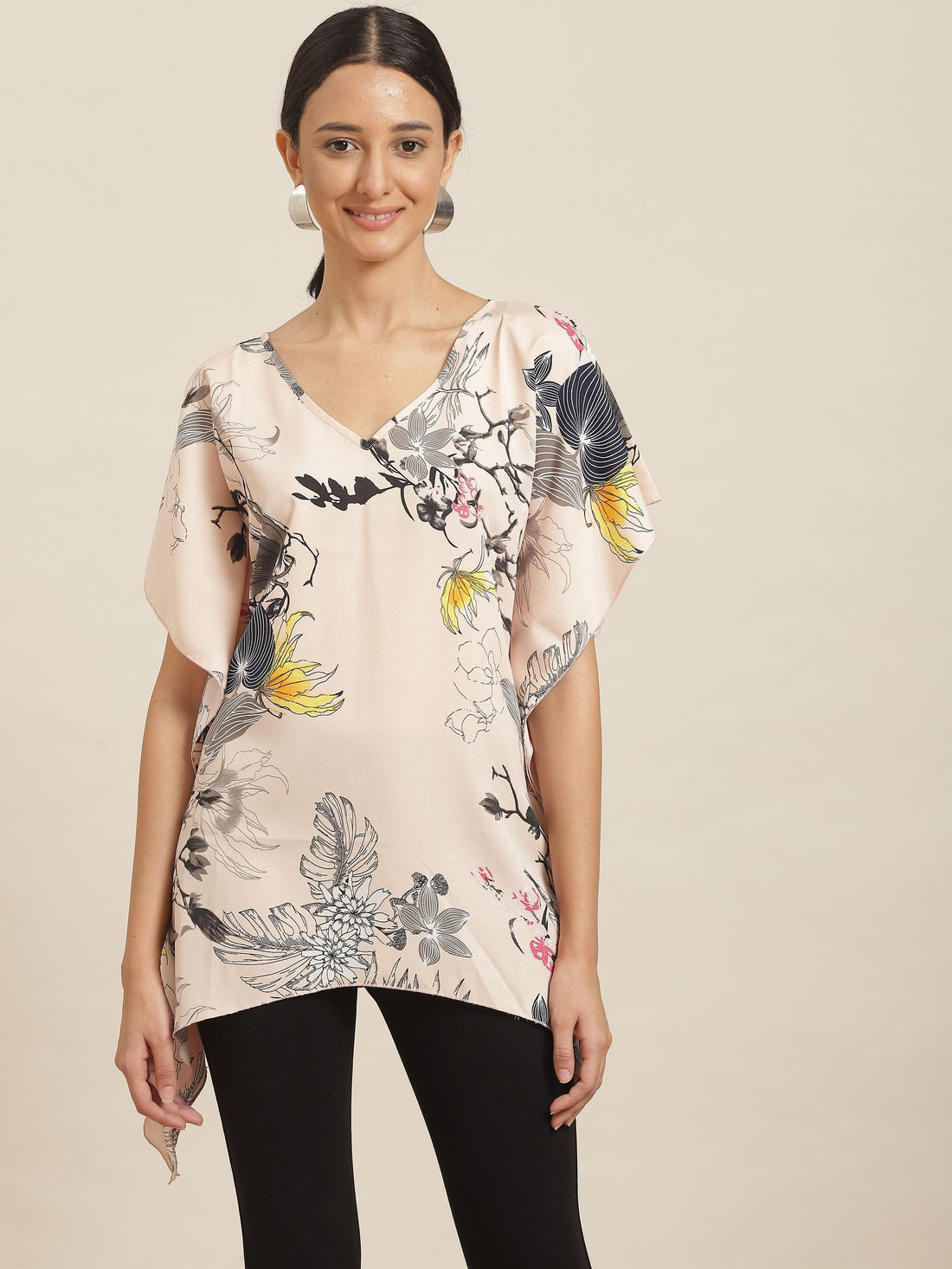 Qurvii Peach Floral Crepe Kaftan Top - Qurvii India