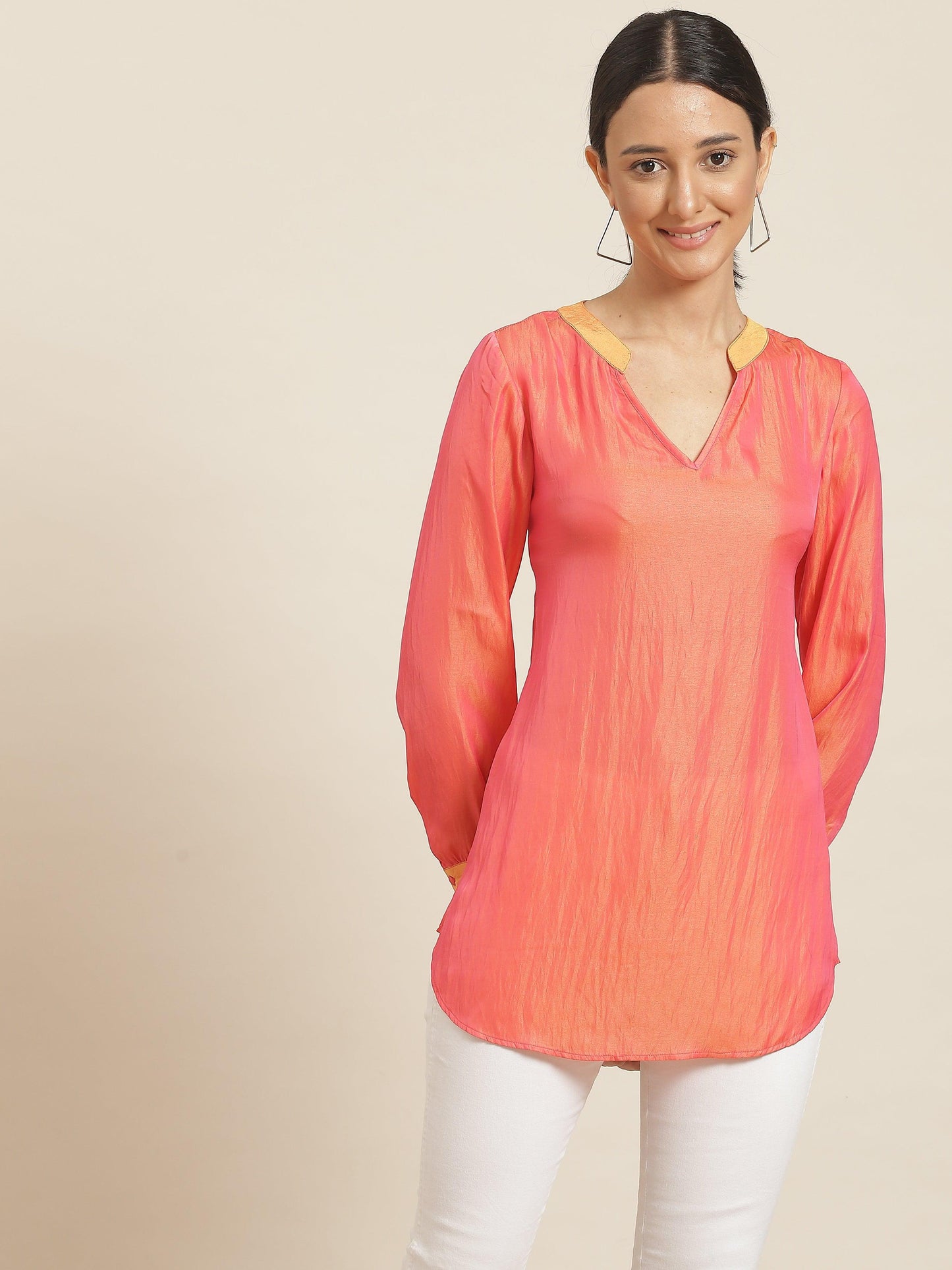Qurvii Orange Silk V-neck Top - Qurvii India