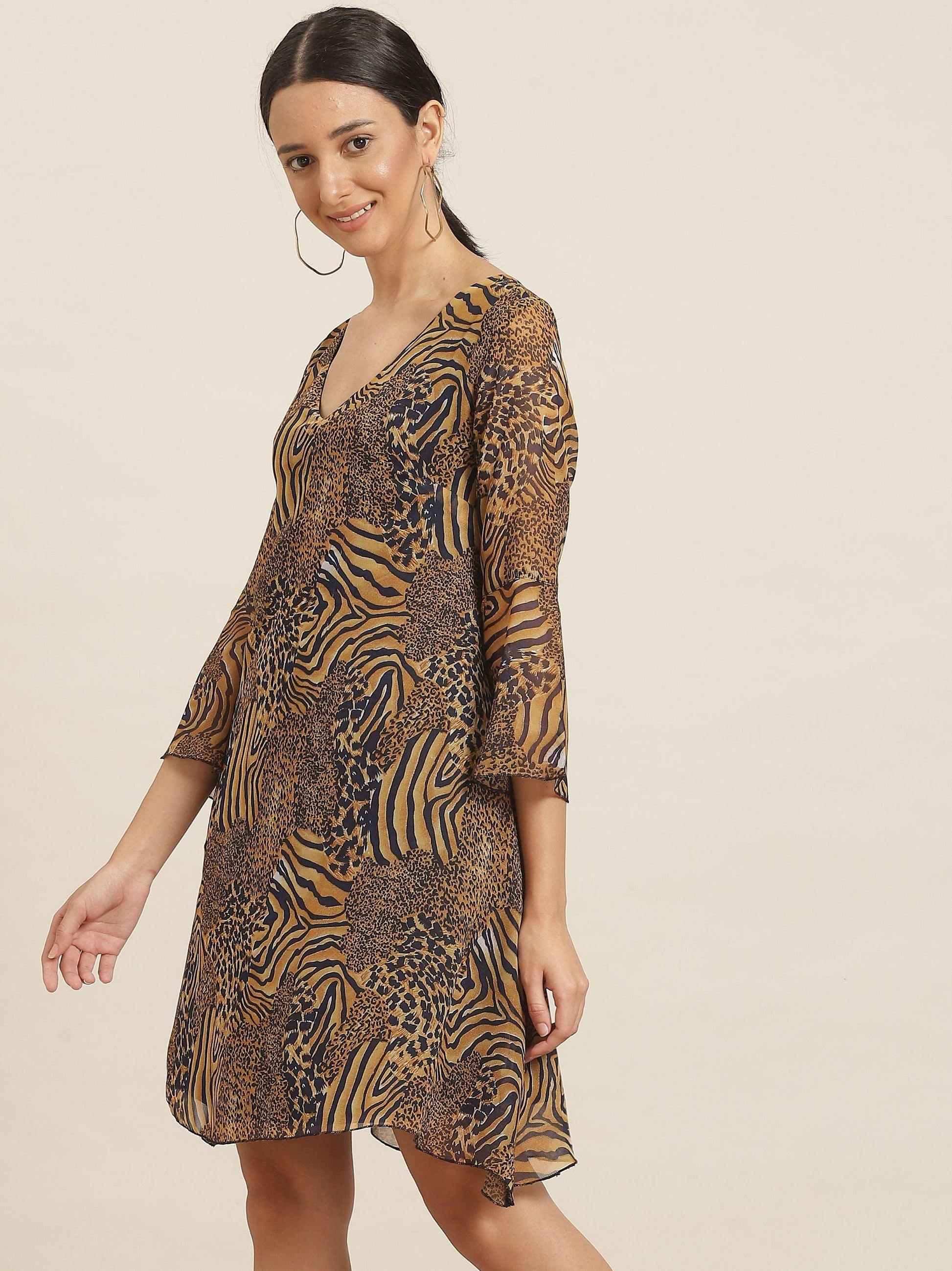 Qurvii Tiger Print A-line Dress - Qurvii India