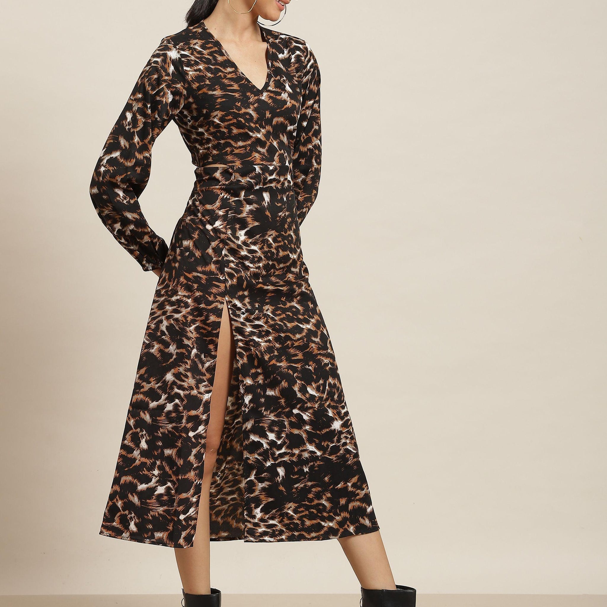 Qurvii Black And Brown Tiger Print Dress - Qurvii India