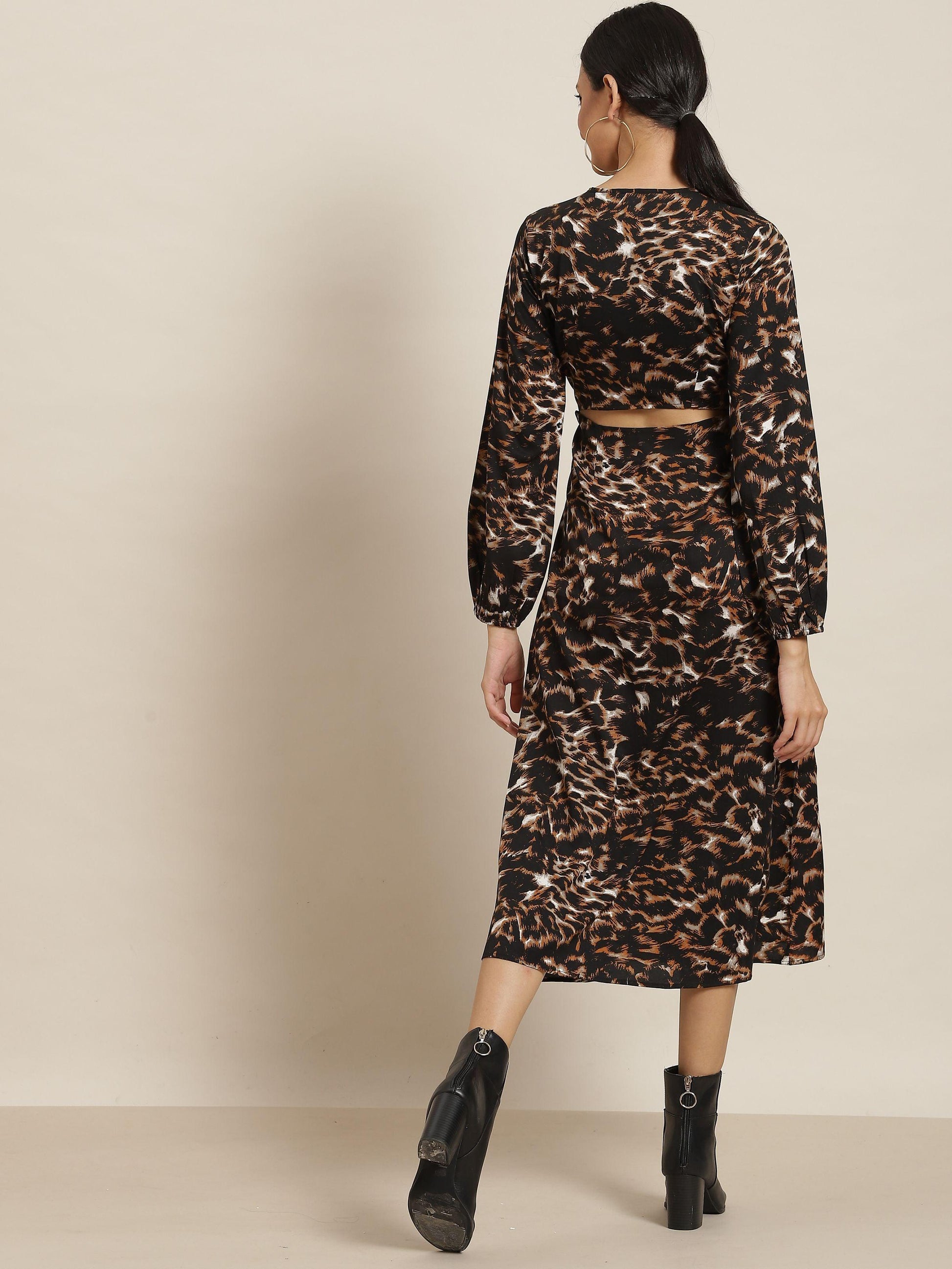 Qurvii Black And Brown Tiger Print Dress - Qurvii India