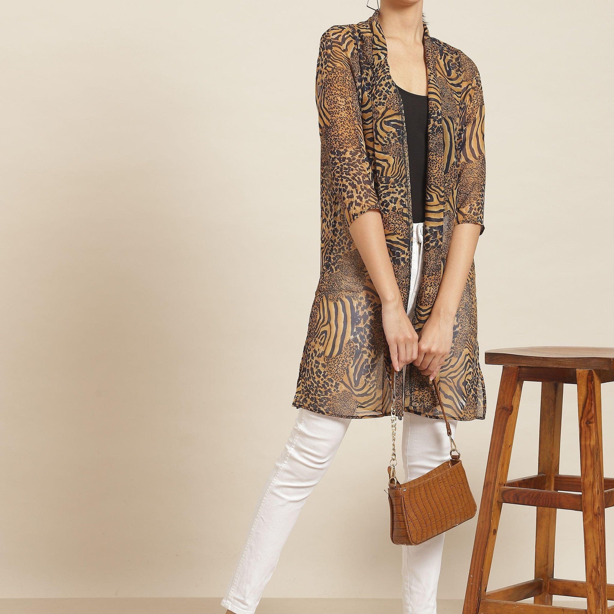 Qurvii Black And Brown Leopard Print Shrug - Qurvii India