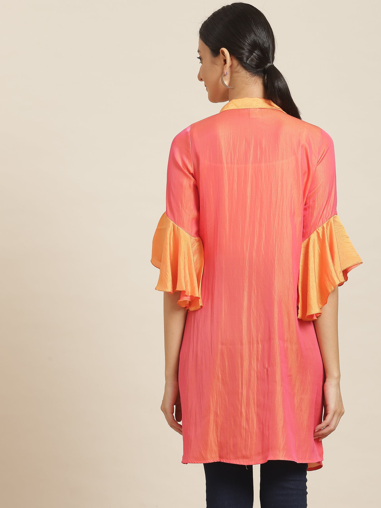Solid Bright Orange Relaxed Fit  Three Quarter Bell Sleeve Silk Shrug