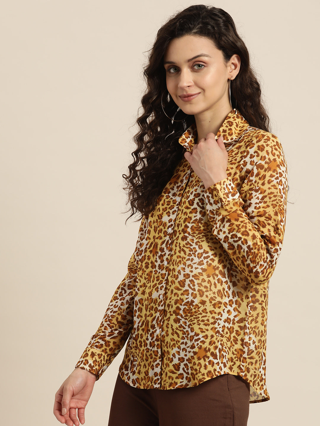 Leopard Light Brown Regular Fit Button Front Full Cuff Sleeve Georgette Shirt