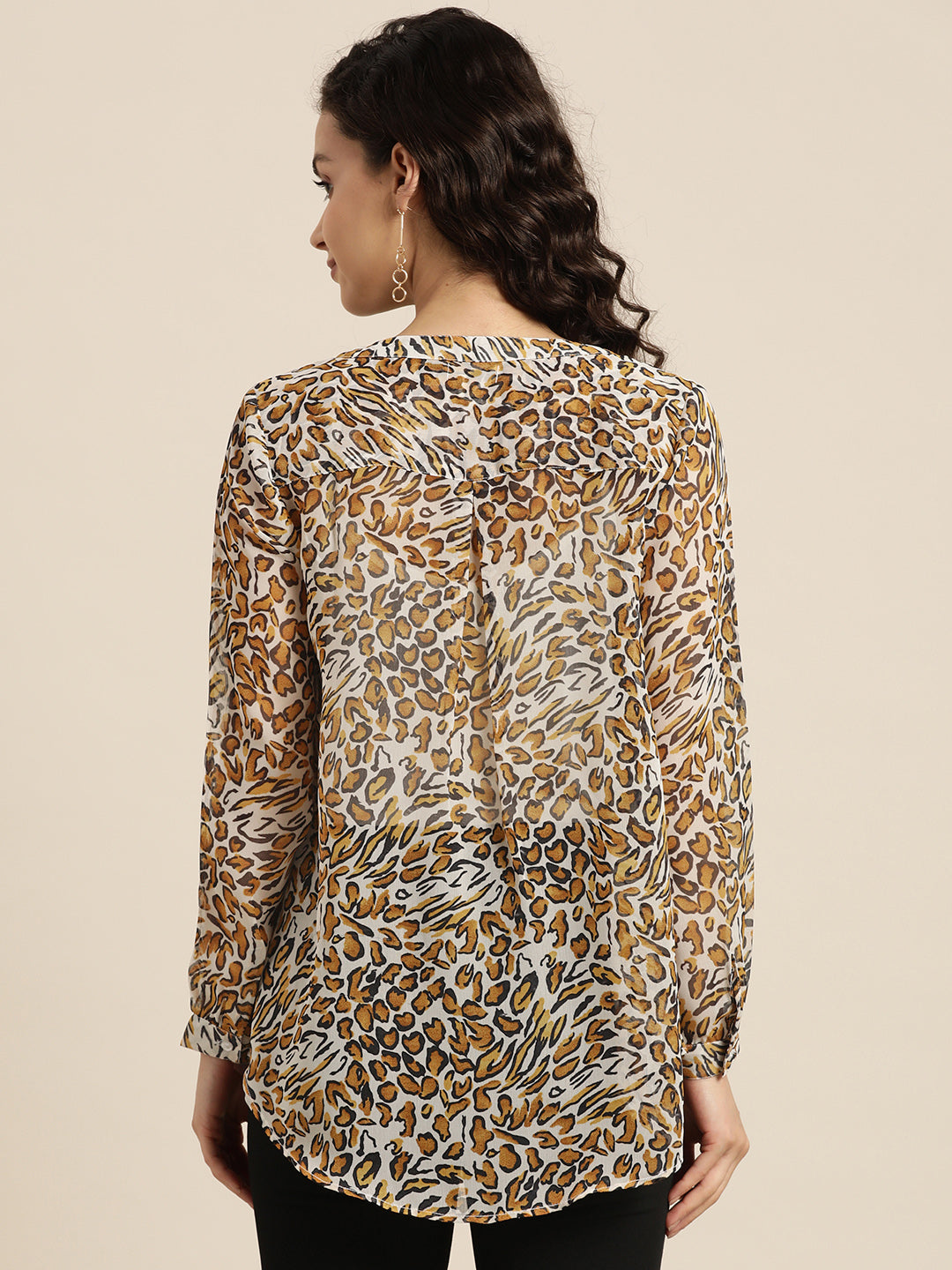 Animal Print Leopard Light Brown Regular Fit Mandarin Collar Full Cuff Sleeve Georgette Top