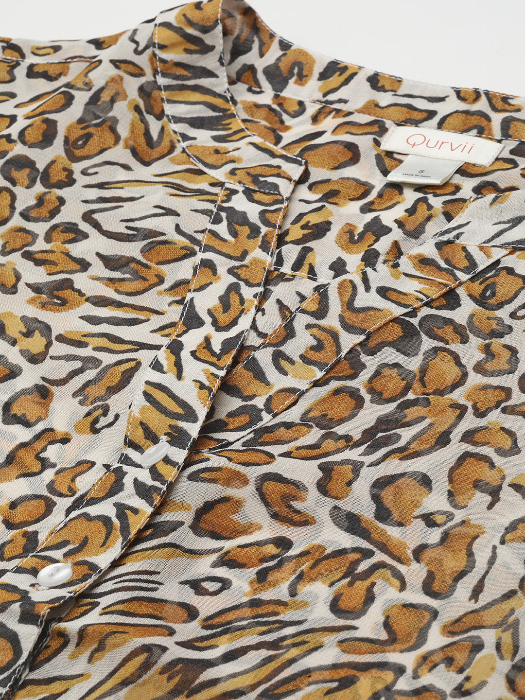 Animal Print Leopard Light Brown Regular Fit Mandarin Collar Full Cuff Sleeve Georgette Top