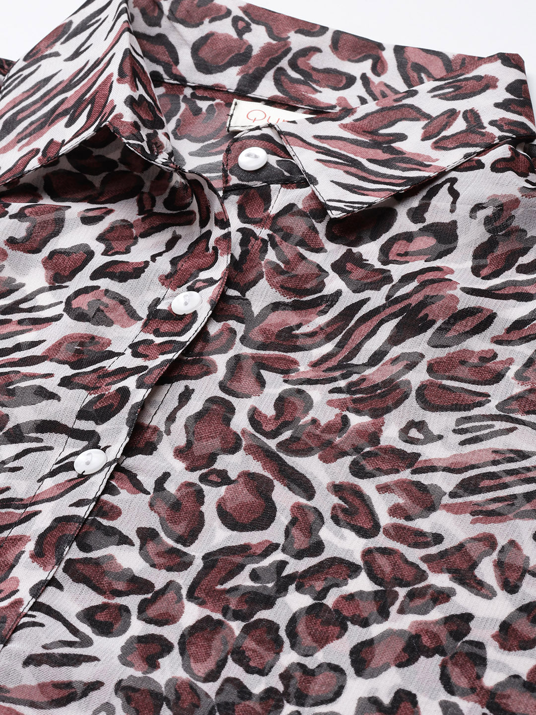 Animal Print Leopard Dark Burgundy Regular Fit Button Front Full Roll-up Sleeve Georgette Shirt