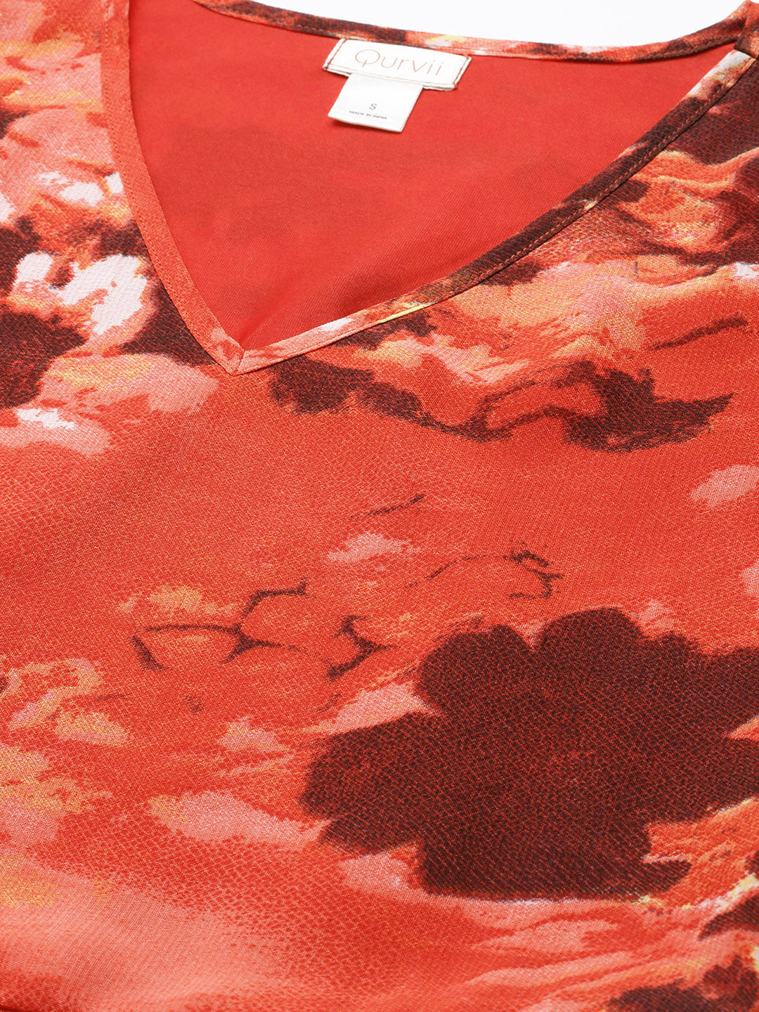 Abstract Dark Red Regular Fit V Neck Half Bell Sleeve Georgette Dress
