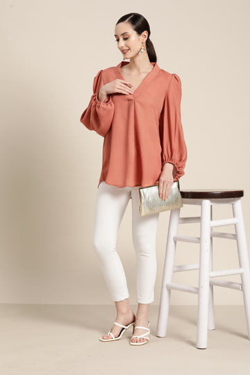 Peach V-neck baloon sleeve top