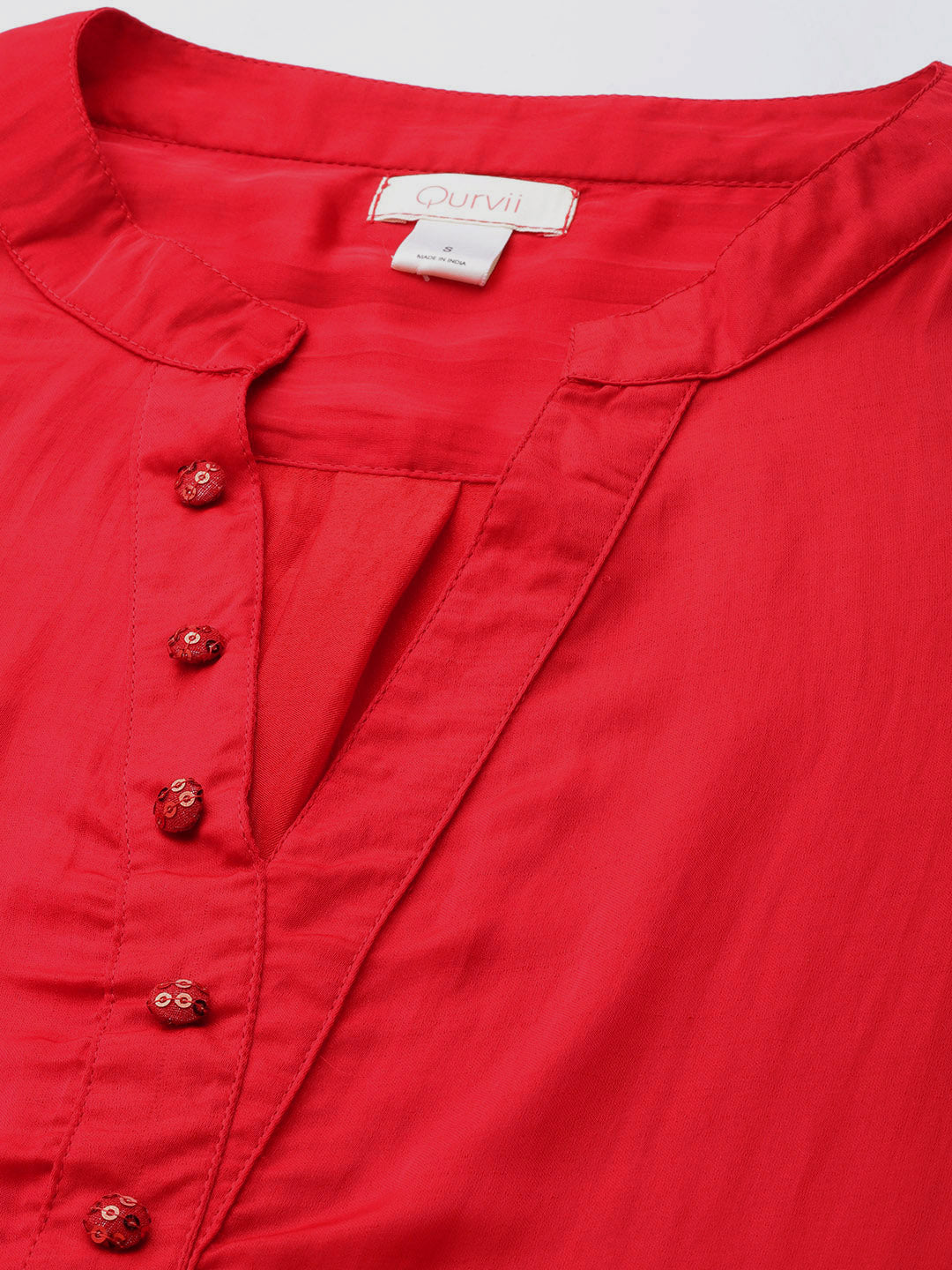 Solid Dark Red Regular Fit Mandarin Collar Full Cuff Sleeve Silk Top