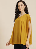 Qurvii Mustard Yellow Keyhole Neck Crepe Kaftan Top - Qurvii India