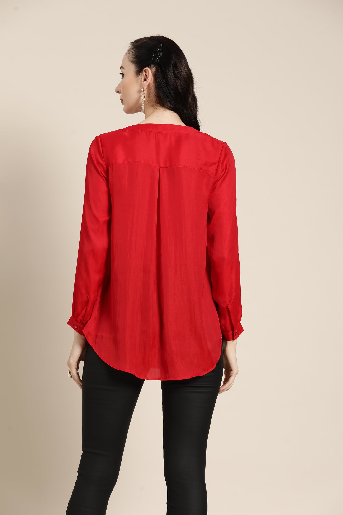 Solid Dark Red Regular Fit Mandarin Collar Full Cuff Sleeve Silk Top