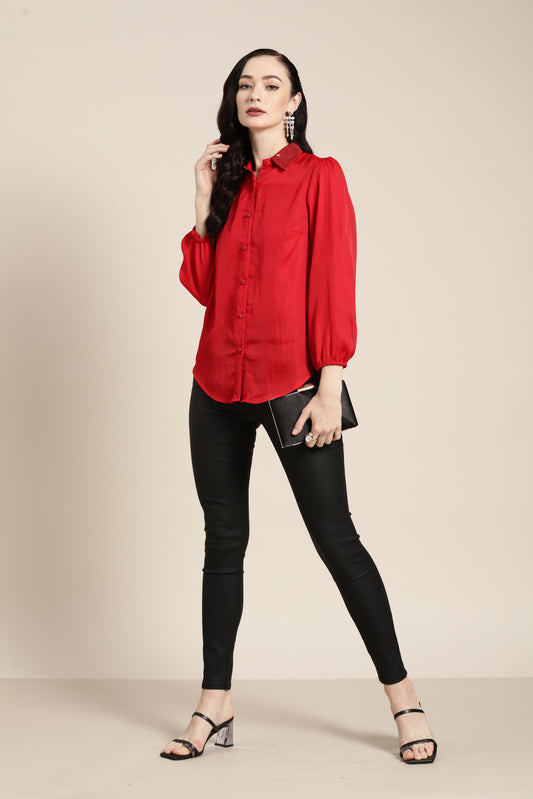 Solid Dark Red Regular Fit Button Front Full  Silk Shirt