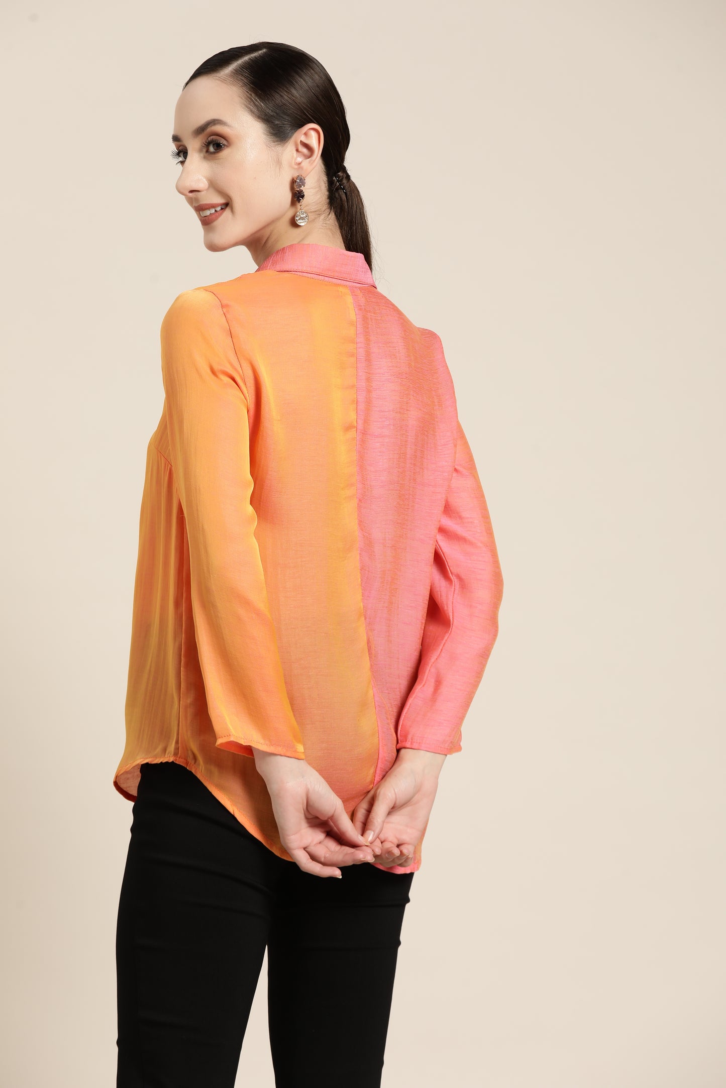 Solid Print Pastels Light Peach Regular Fit Button Front Full Cuff Sleeve Silk Shirt
