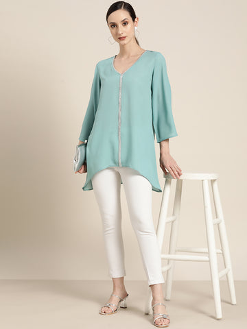 Solid Light Other Regular Fit V Neck Three Quarter Bell Sleeve Moss Crepe Top