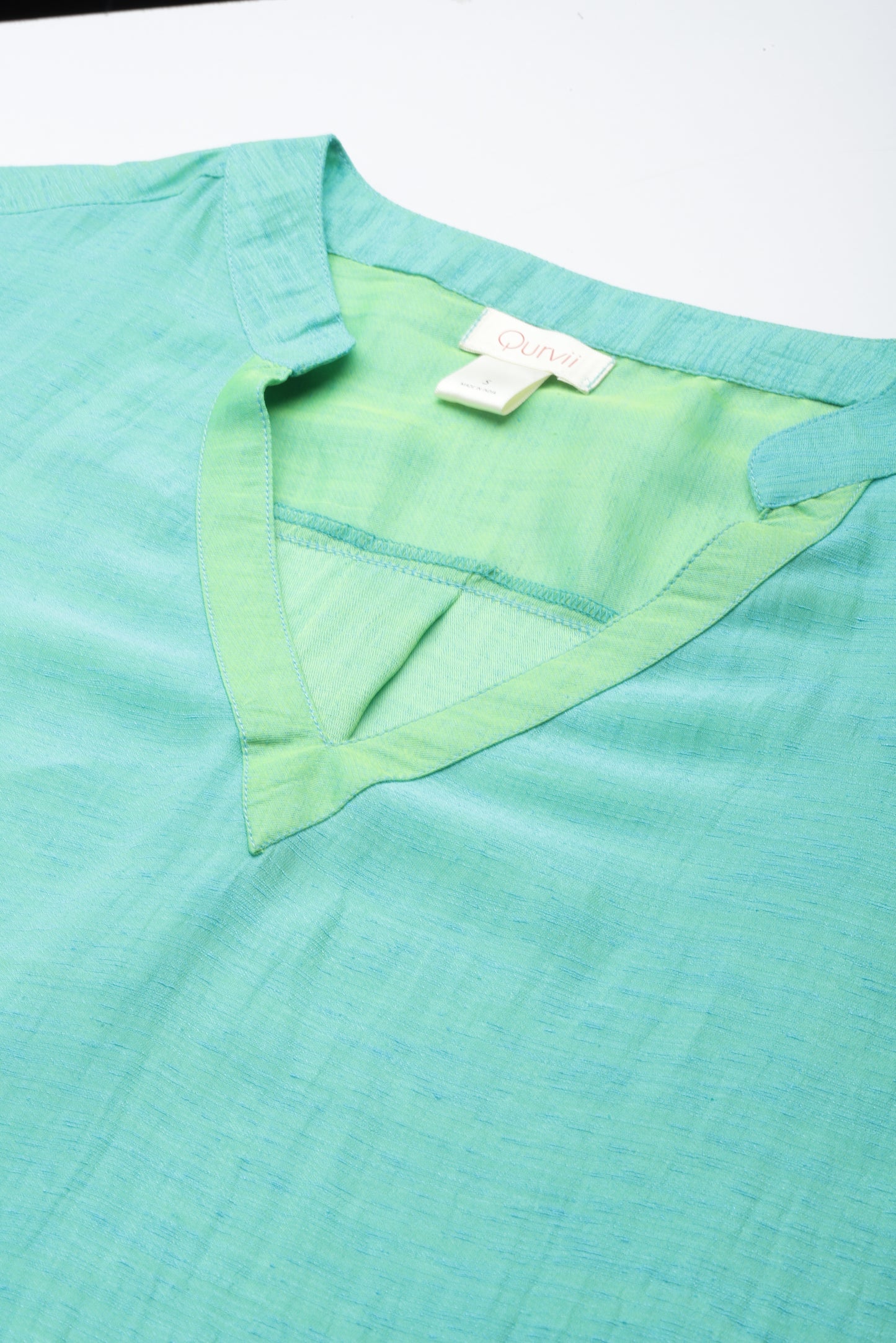 Solid Print Pastels Light Turquoise Regular Fit V Neck Three Quarter  Silk Top