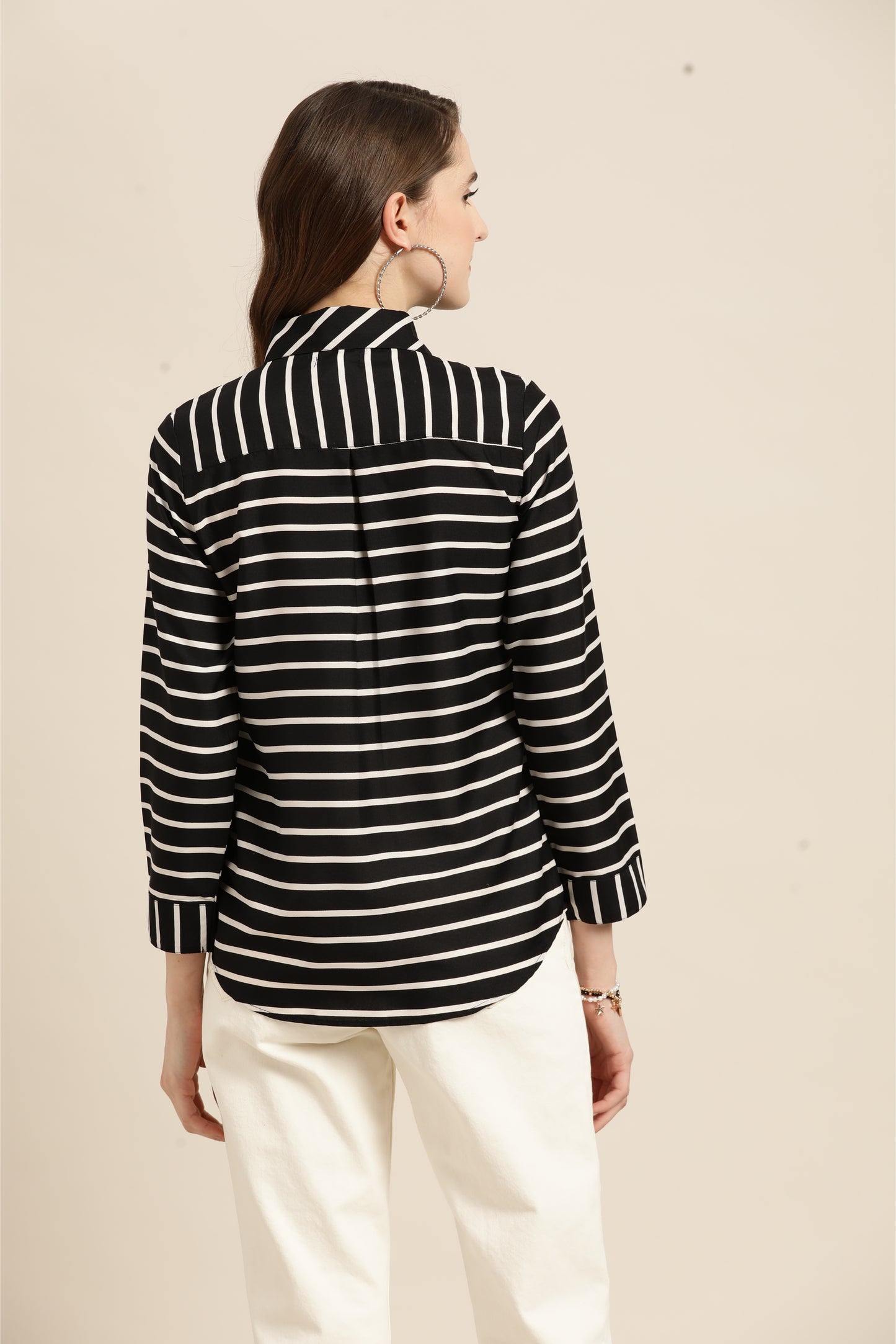 Stripe Dark Black Regular Fit Button Front Full Cuff Sleeve Crepe Shirt