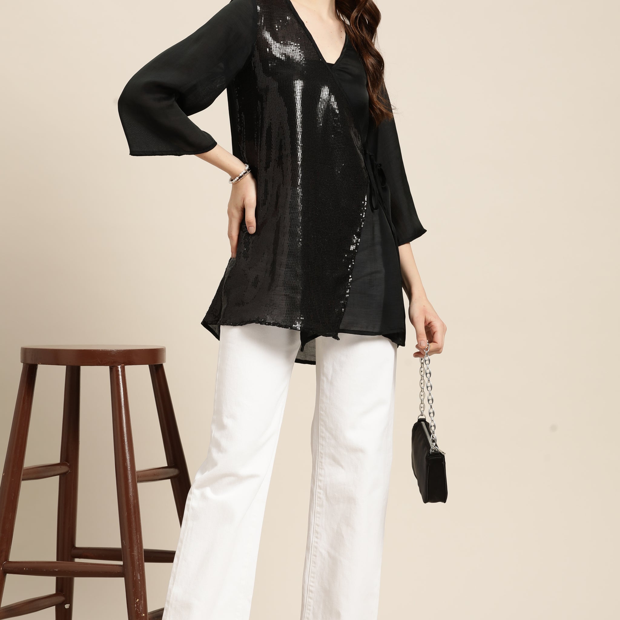 Solid Dark Black Regular Fit V Neck Three Quarter  Silk Top