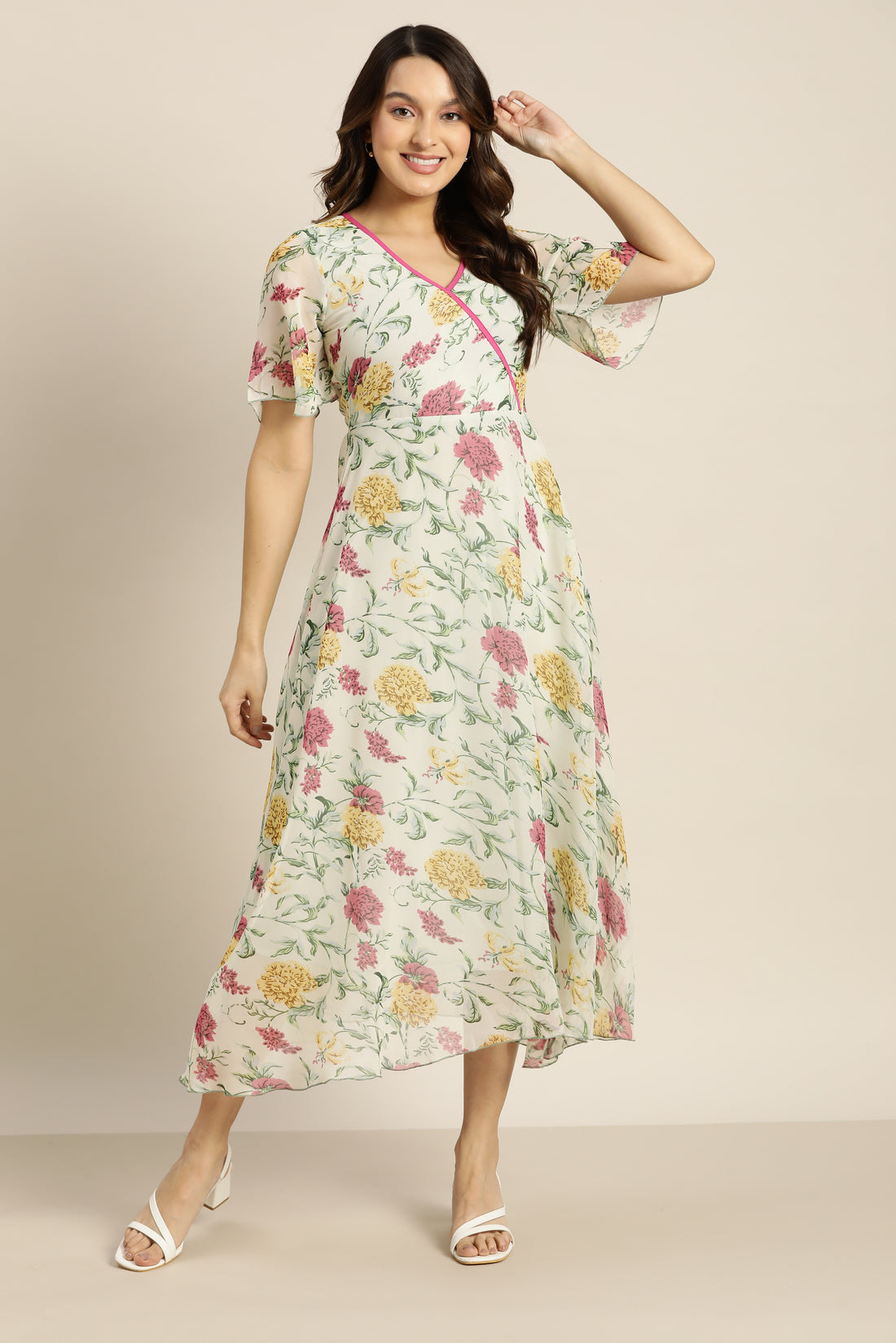 Pastels Floral Light Ivory Regular Fit V Neck Half Bell Sleeve Georgette Dress