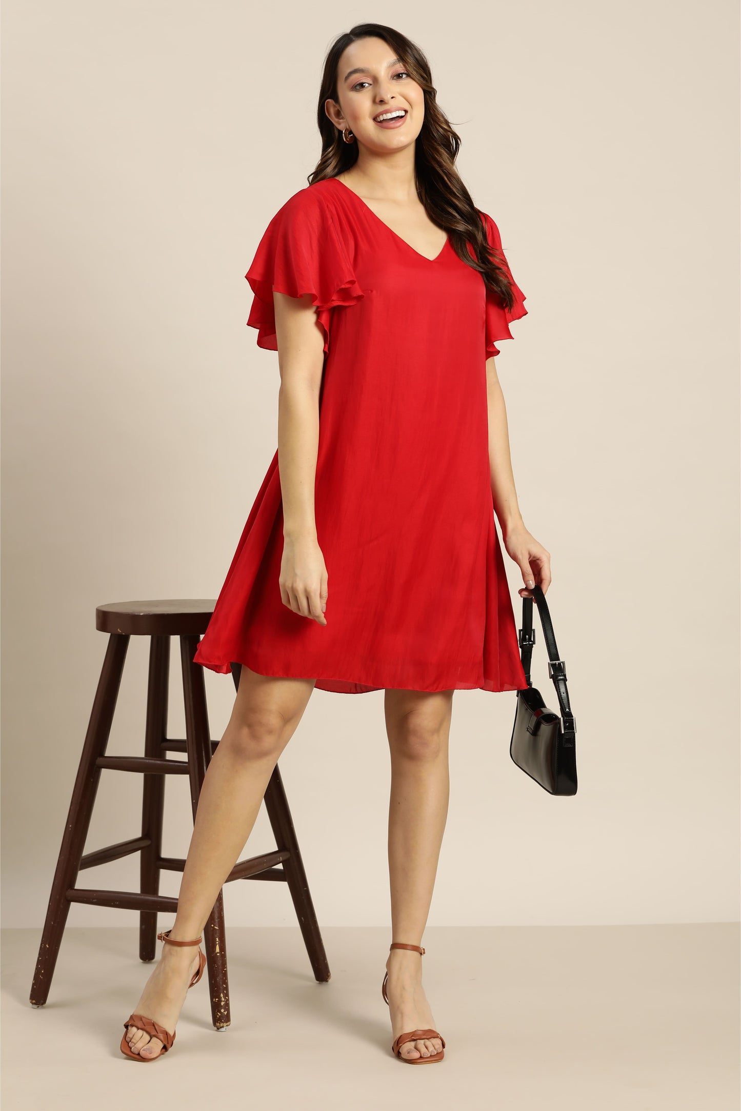 Solid Dark Red Regular Fit V Neck Half Bell Sleeve Silk Dress
