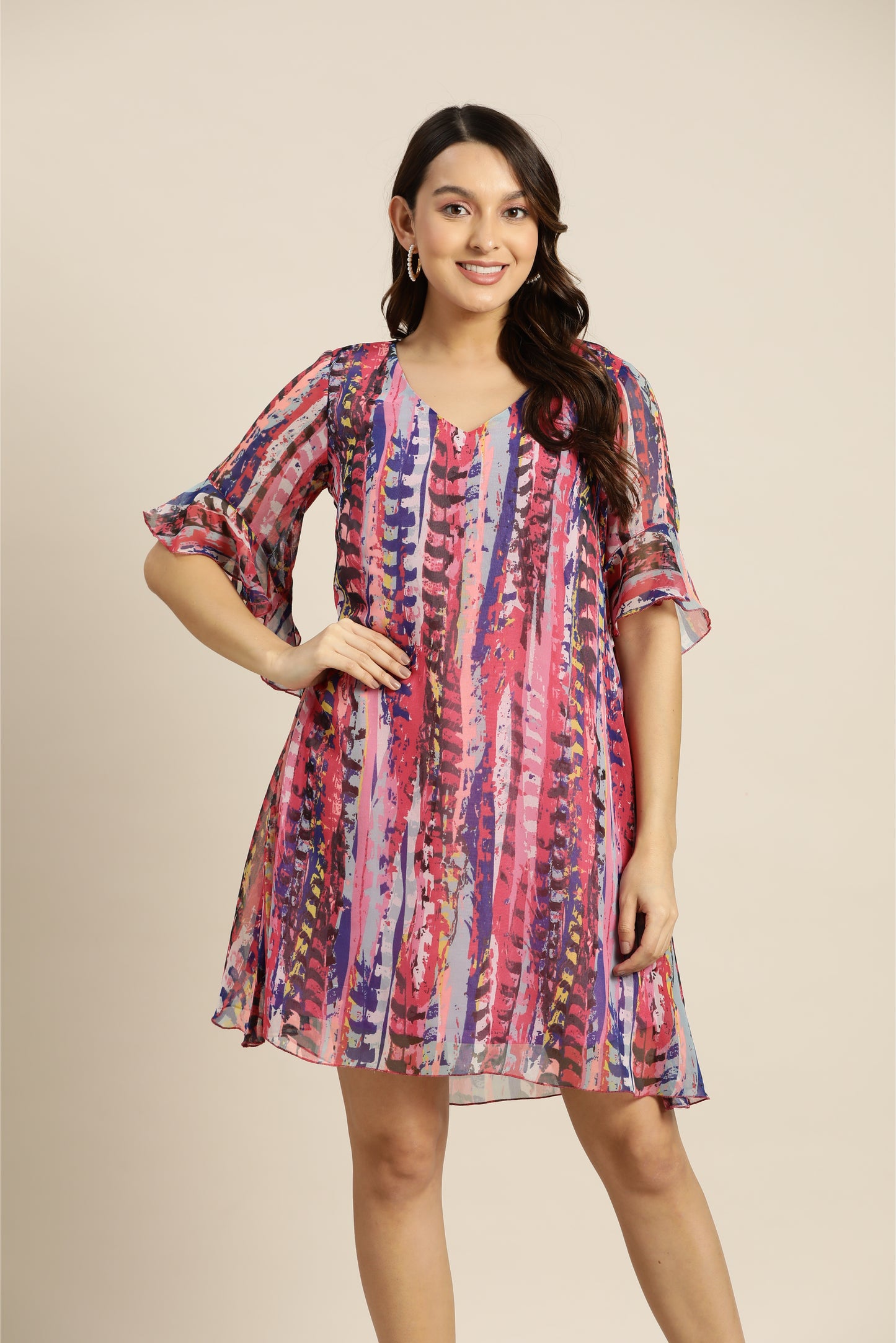 Pink abstract water color print A-line dress