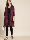 Qurvii Women Burgundy & Black Leopard Print Longline Shrug - Qurvii India