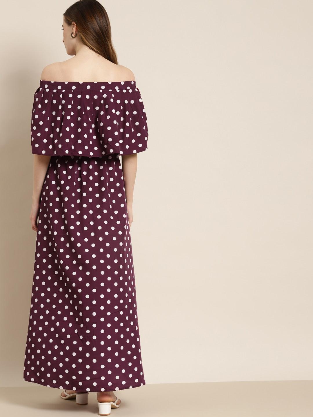 Qurvii Burgundy & White Polka Dot Print Off-Shoulder Maxi Dress - Qurvii India