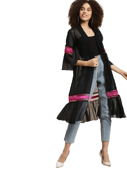 Qurvii Women Black & Pink Longline Shrug - Qurvii India