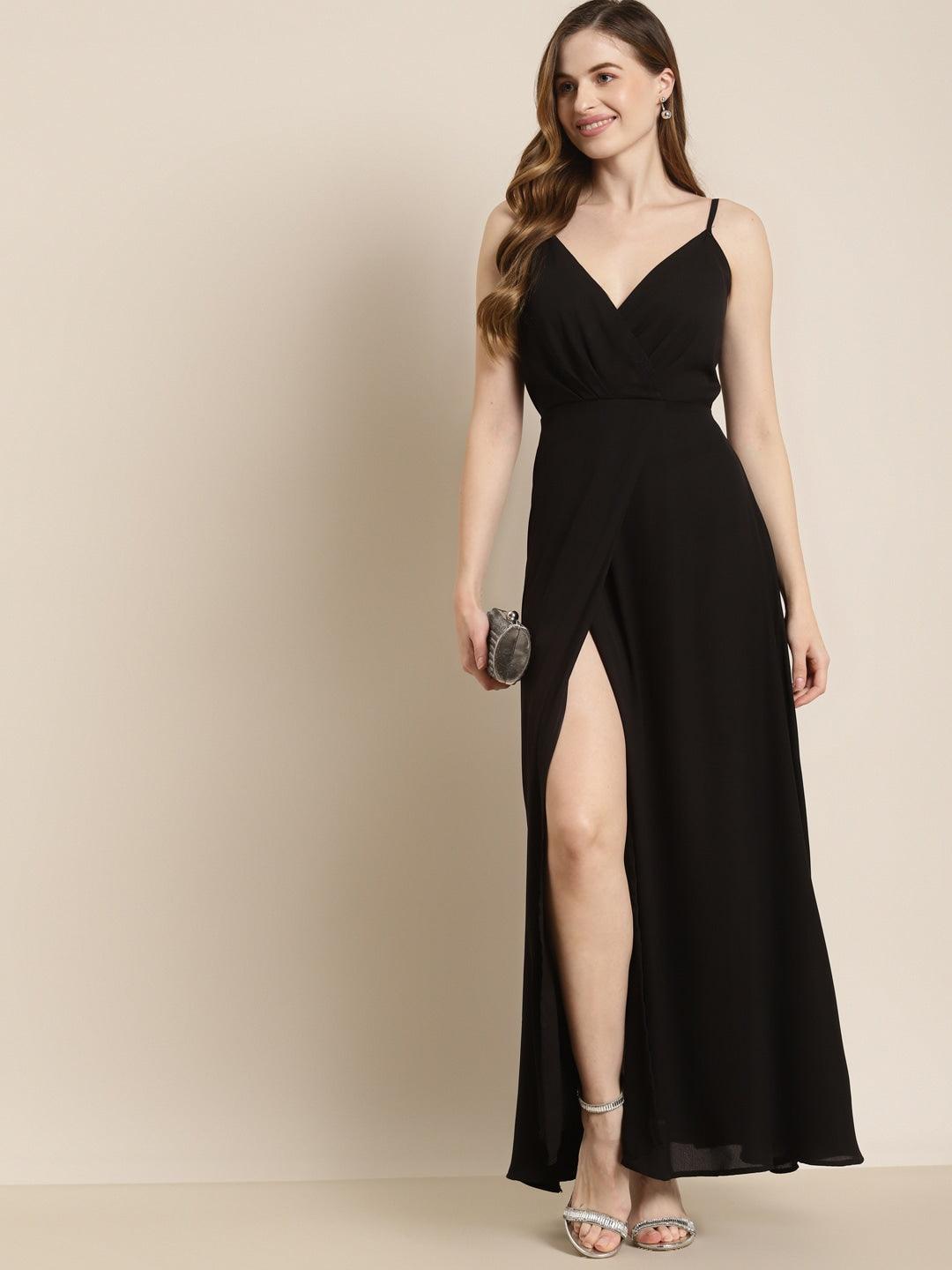Qurvii Black Solid Crepe Maxi Dress - Qurvii India