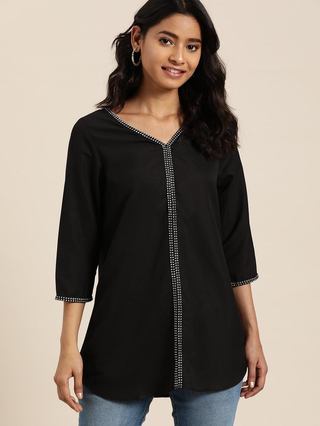 Qurvii Black Solid Embellished Crepe Top - Qurvii India