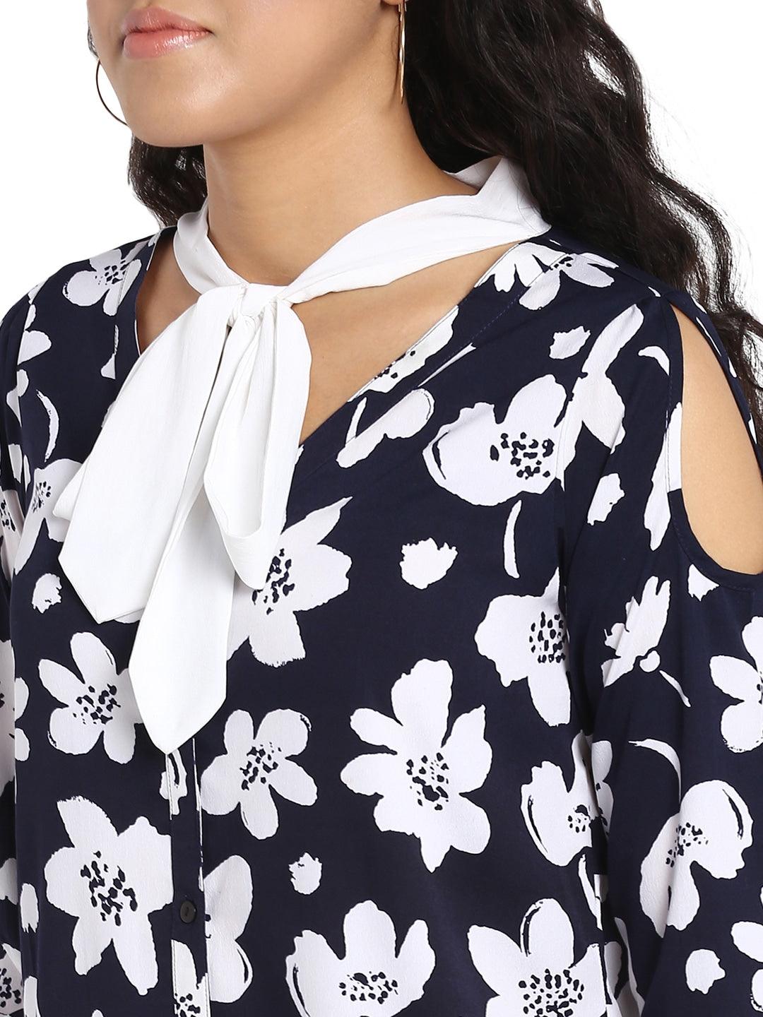 Qurvii Women Navy Blue  White Regular Fit Printed Tie-Up Neck Casual Shirt - Qurvii India