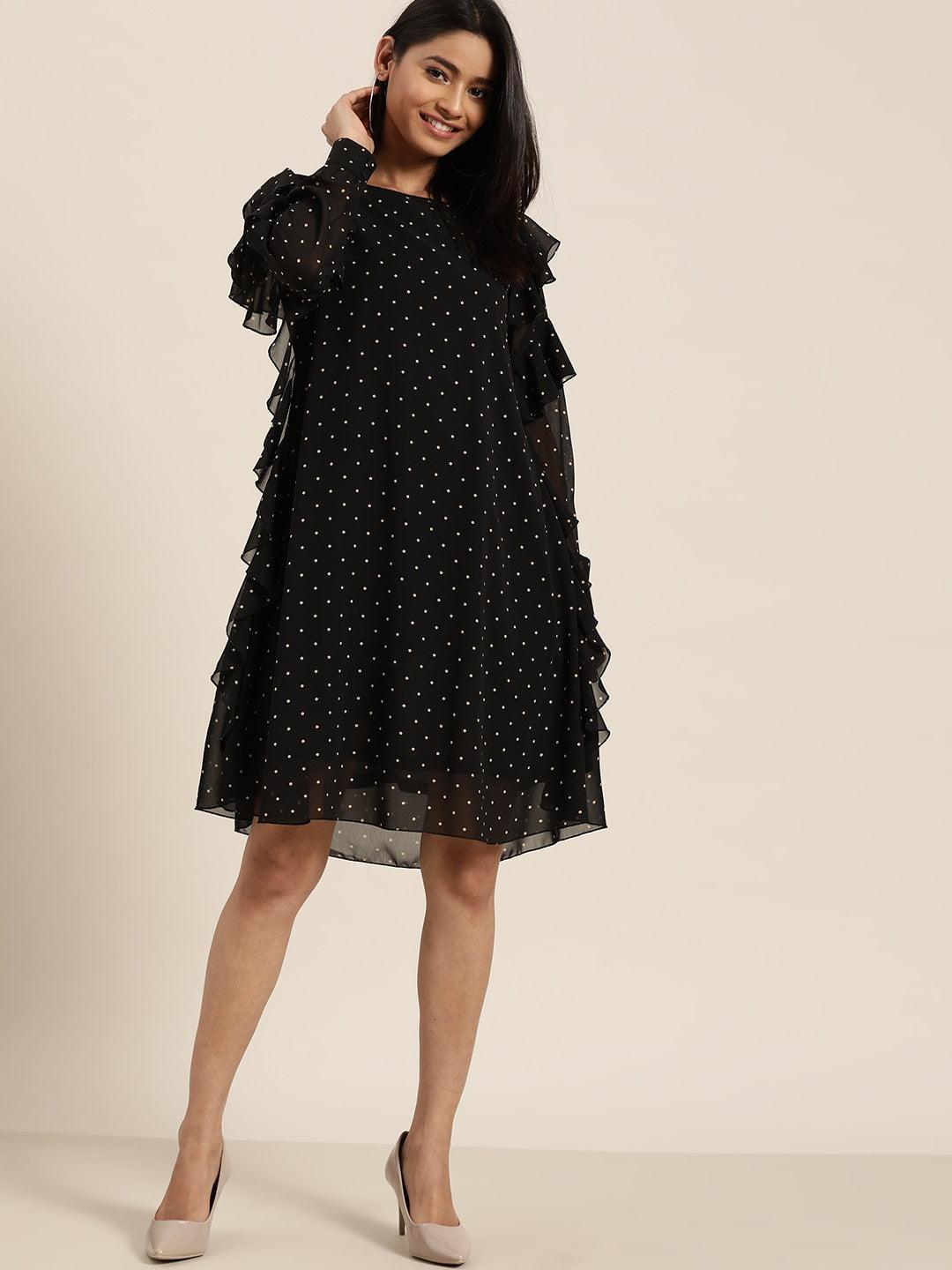 Qurvii Women Black & Beige Polka Dots Printed A-Line Dress - Qurvii India