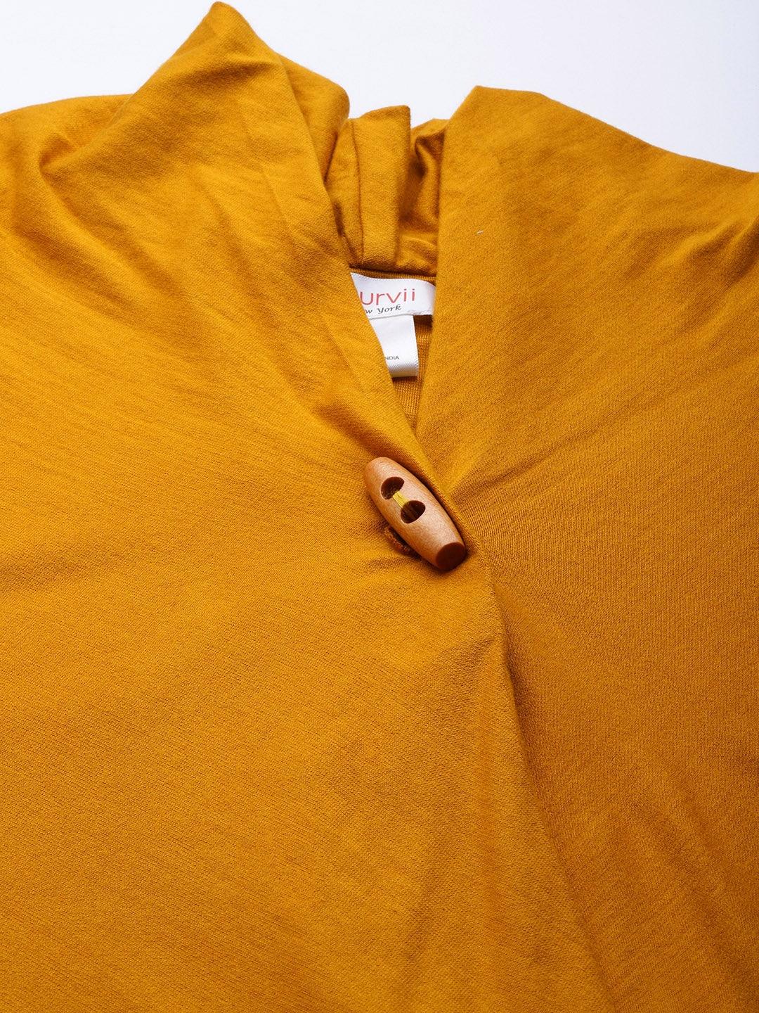 Qurvii Women Mustard Yellow Solid Asymmetric Button Shrug - Qurvii India
