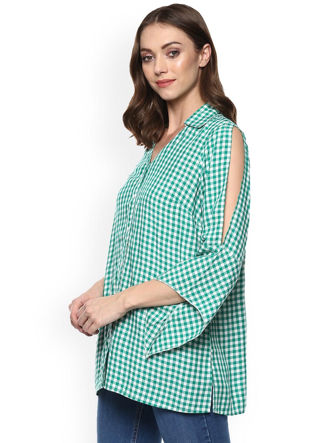 Qurvii Green Gingham Top With Ruffle Sleeves - Qurvii India