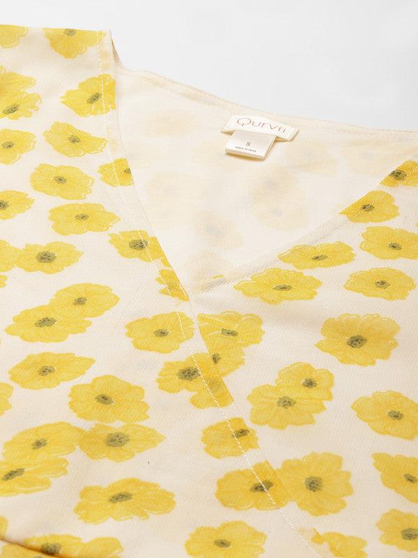 Qurvii Yellow & Off White Floral Georgette A-Line Midi Dress - Qurvii India