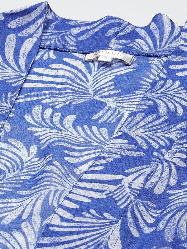 Qurvii Women Blue Printed Longline Tropical Shrug - Qurvii India