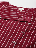 Qurvii Maroon & White Striped Roll-Up Sleeves Crepe Shirt Style Top - Qurvii India