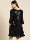 Qurvii Women Black Sequinned A-Line Dress - Qurvii India