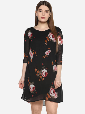 Qurvii Black Floral V Neck Dress - Qurvii India