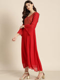 Qurvii Red Brocade Yoke Party Maxi Dress - Qurvii India