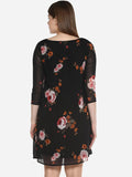 Qurvii Black Floral V Neck Dress - Qurvii India