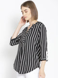 Qurvii Women Black White Striped Shirt Style Top - Qurvii India