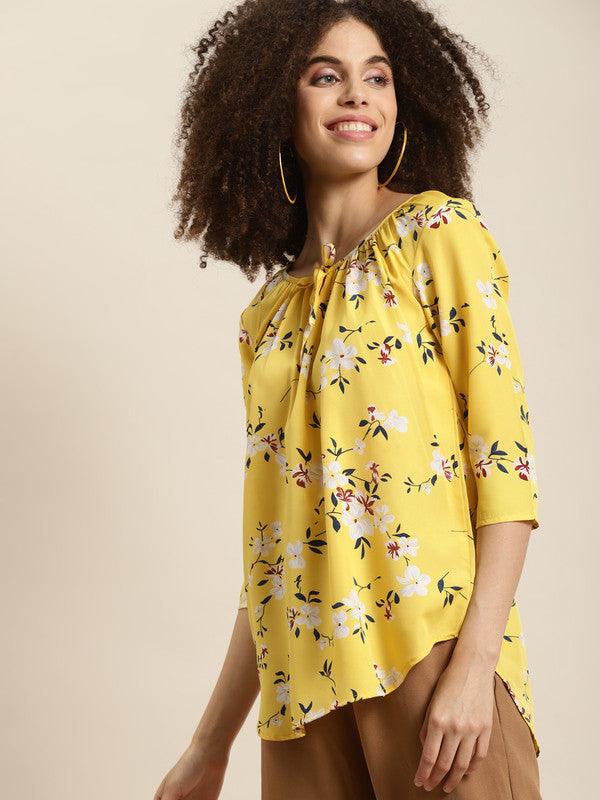 Yellow Floral Print Peasant Top