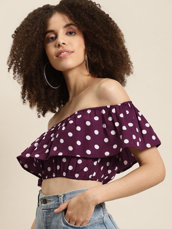 Qurvii Burgundy & White Off-Shoulder Ruffles Crepe Fitted Crop Top - Qurvii India