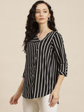 Qurvii Black & White Striped Crepe Regular Top - Qurvii India