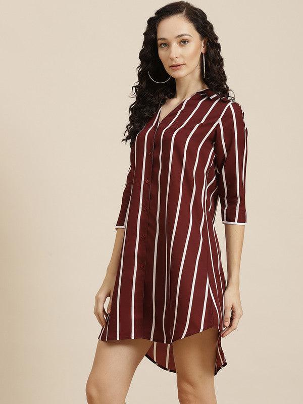 Qurvii Burgundy & White Striped Crepe Shirt Mini Dress - Qurvii India